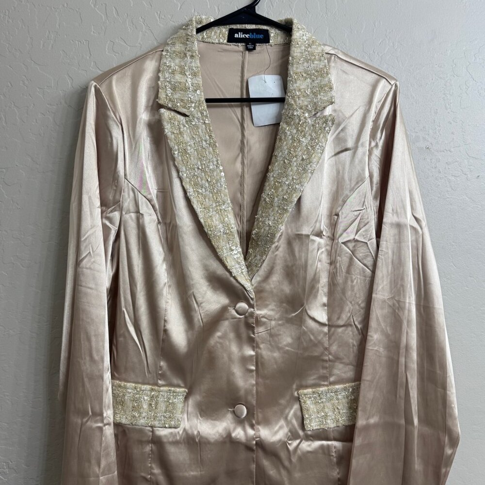 Alice Blue Champagne Satin Blazer – Size XL – NWT Sequin Tweed Trim Party Jacket